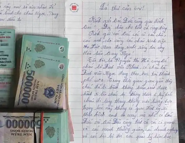 ông Đinh Văn K. và bà Nguyễn Thị H. (cha mẹ của N., quê Hà Nam) đã viết thư tay gửi đến gia đình bà Hoa để cảm ơn và cho biết đã nhận 138,8 triệu đồng do cộng đồng người Việt tại Nga gửi về để tiếp tục chữa trị cho N