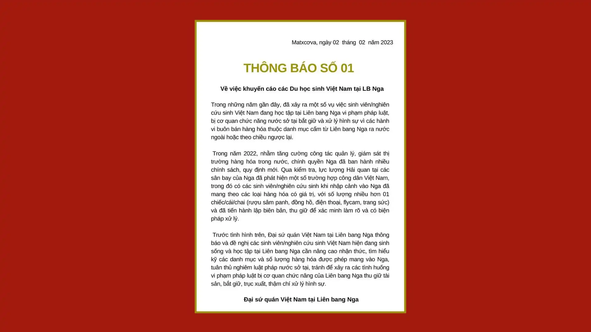 thong bao so 1 cua dsq ve nhap canh cua du hoc sinh vao nga