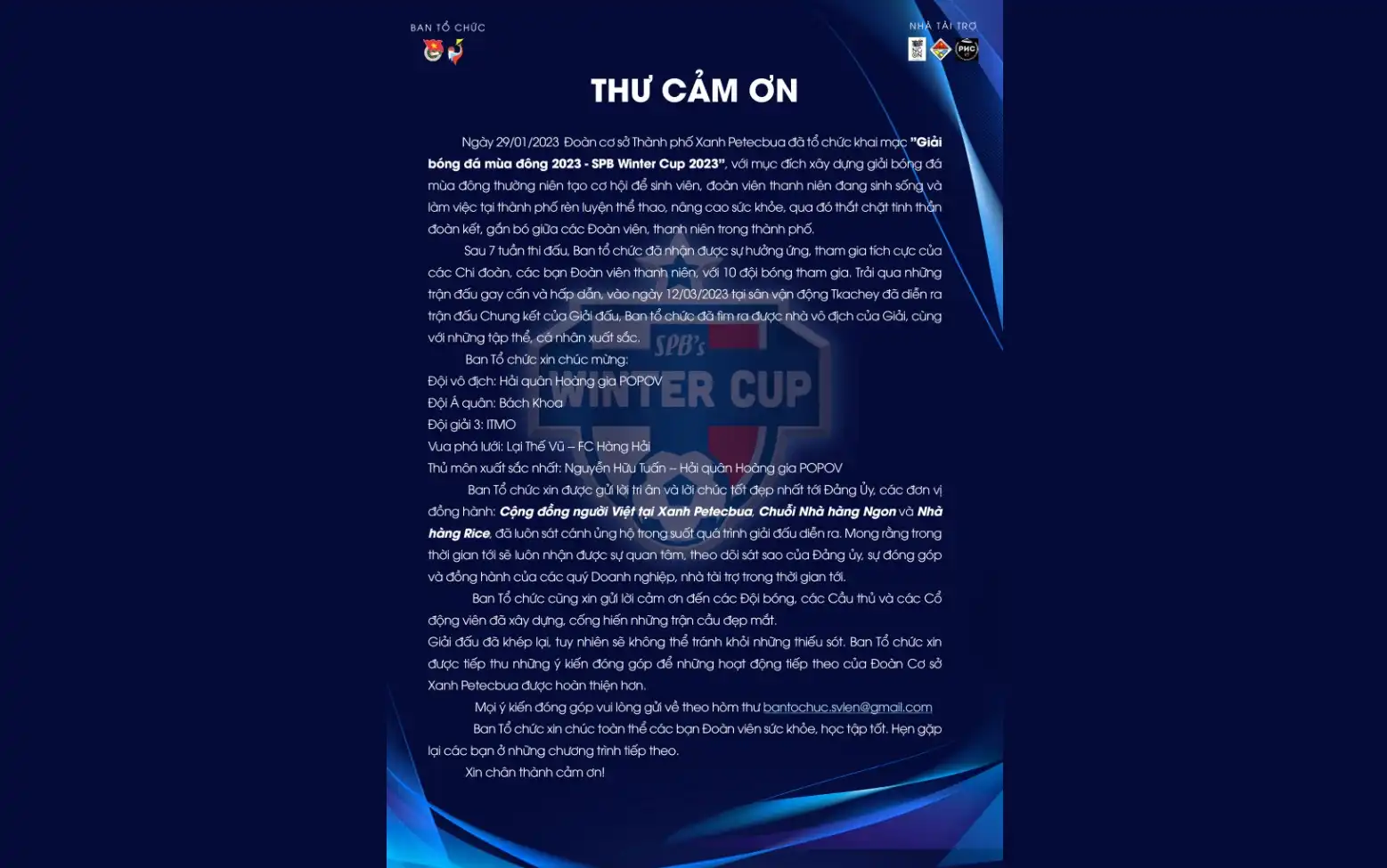 Thư cảm ơn từ Đoàn cơ sở và Ban tổ chức Giải bóng đá St. Petersburg 1 thu cam on tu doan co so va ban to chuc giai bong da st petersburg