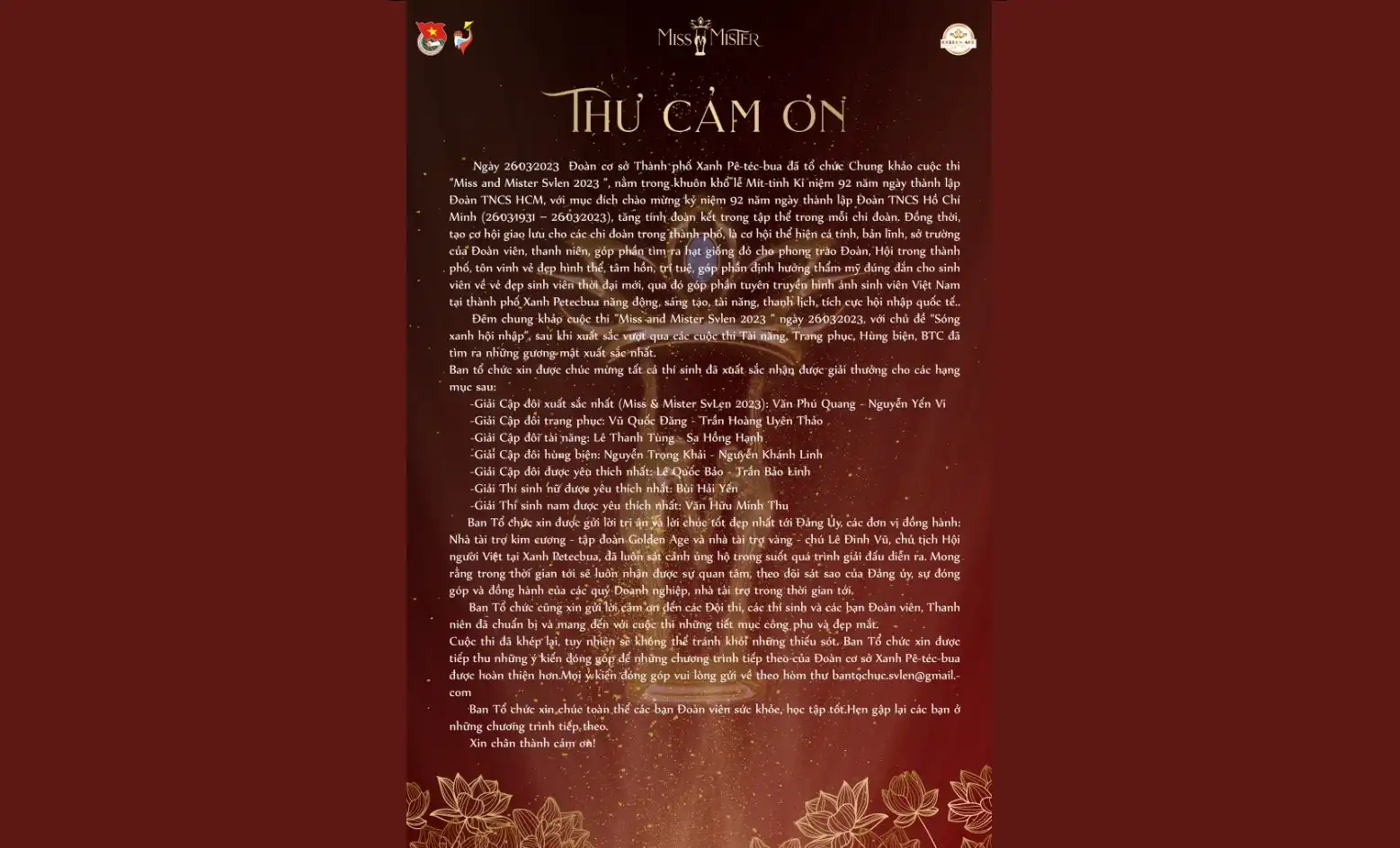 Thư cảm ơn từ Ban tổ chức Miss & Mister Svlen 2023 1 thu cam on tu ban to chuc miss mister svlen 2023