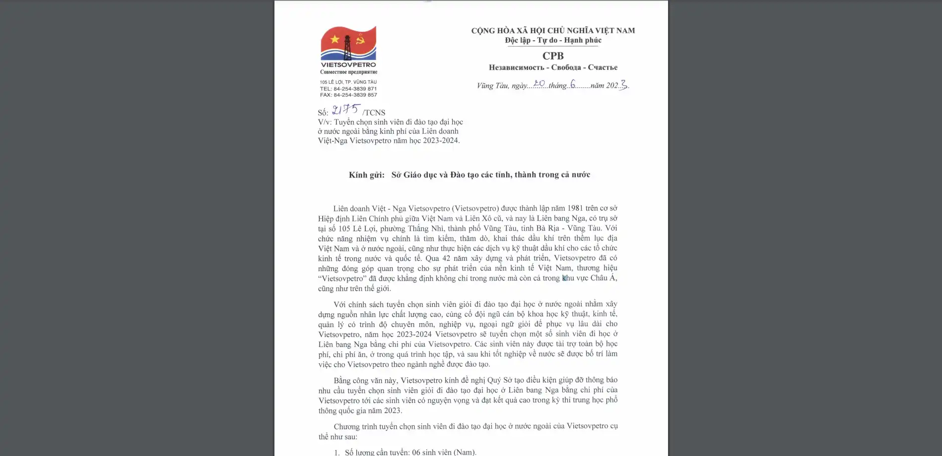 Thông báo Tuyển sinh Học bổng Đại học Nga của Vietsopetro 2023-2024 1 thong bao tuyen sinh hoc bong dai hoc nga cua vietsopetro 2023 2024